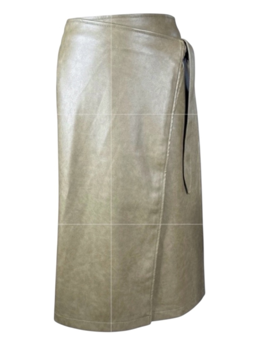 7 FOR ALL MANKIND Olive Green Vegan Leather Midi Wrap Skirt, Tie Waist, Size M.